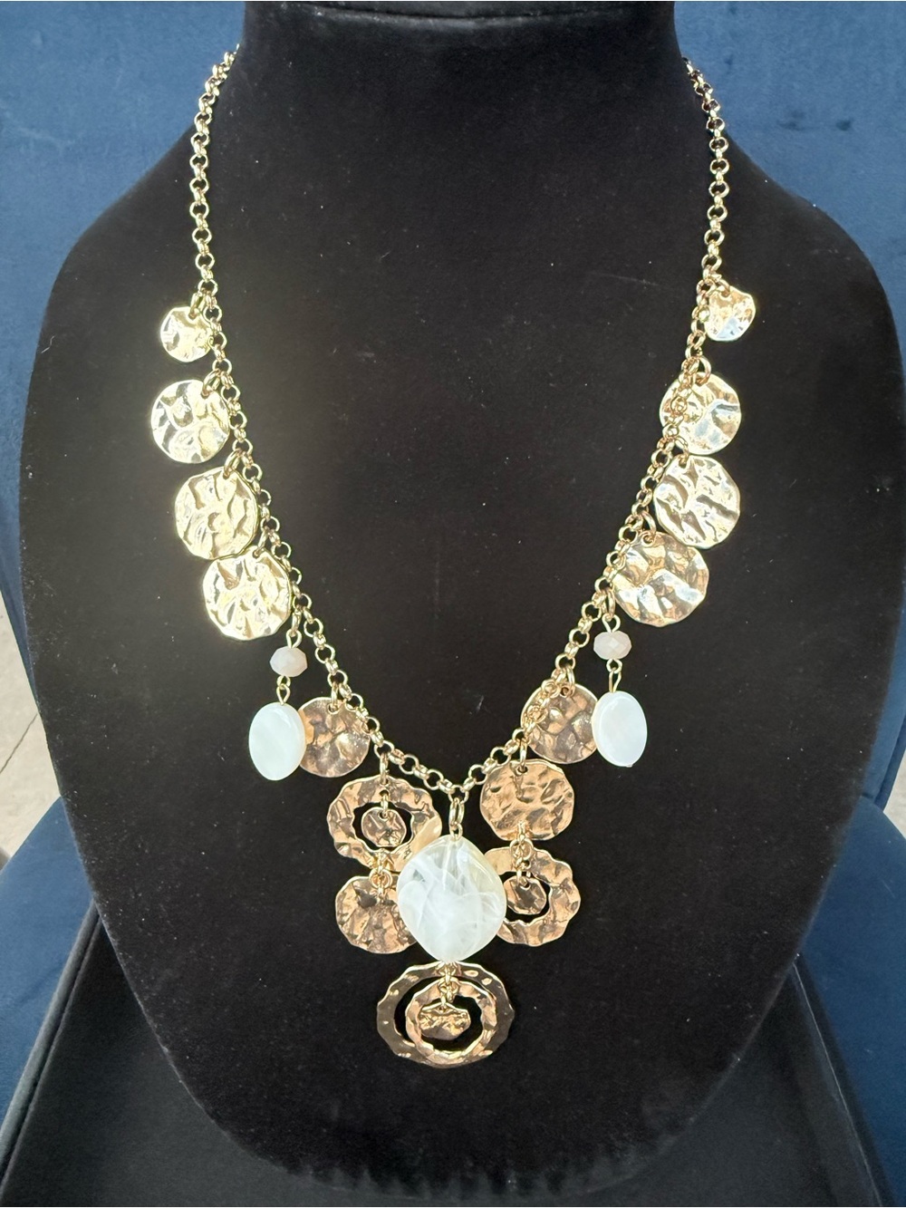 Gold Hammered Disc & White Stone Statement Bib Necklace